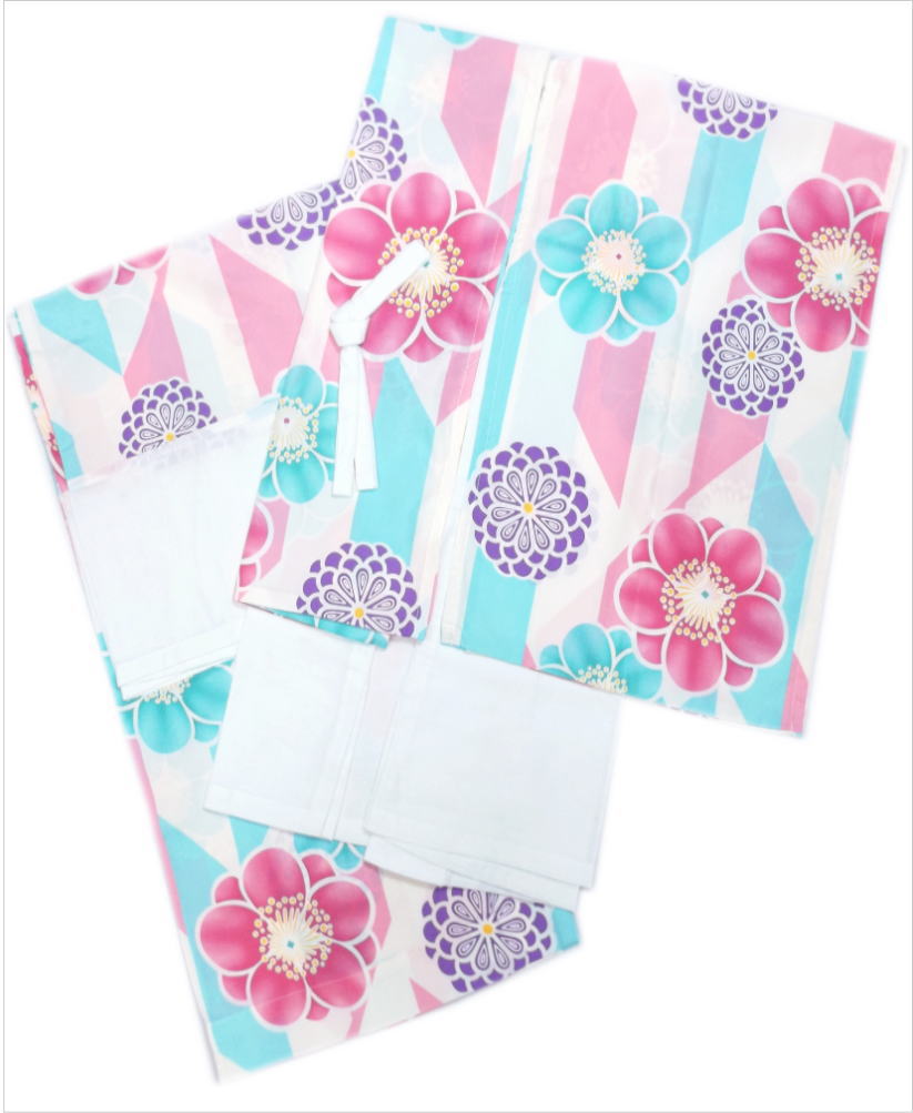 二部式襦袢 洗える 柄入り 水色ピンク白ライン大輪梅菊 S M L 和装 着物 きもの 下着 女性用 レディース 簡単のサムネイル