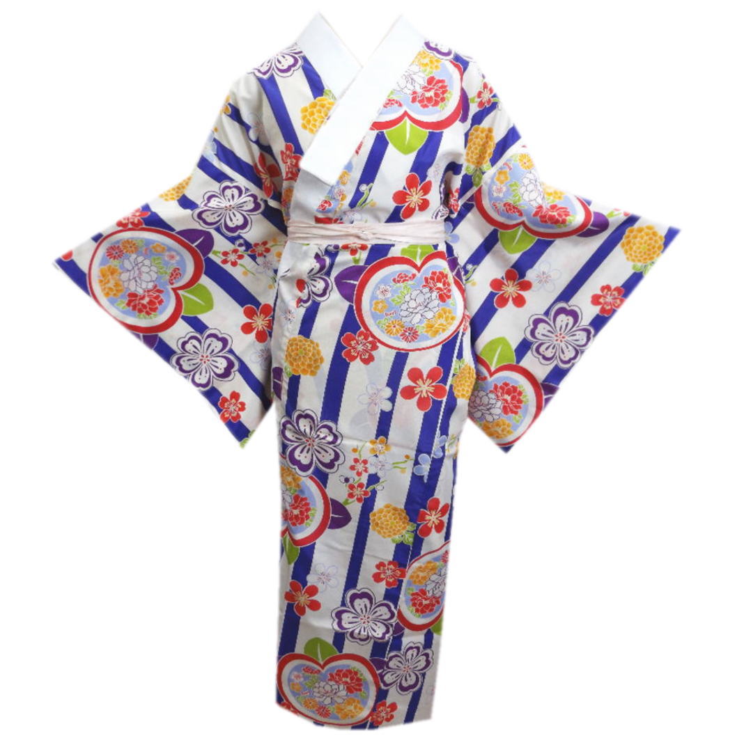 長襦袢 長地袢 柄 お仕立上がり オフホワイト白色地青ライン橘古典花 M L 着物 和装 下着 洗える 女性用 レディースのサムネイル