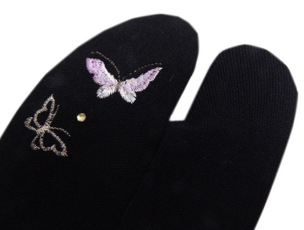 足袋 ラインストーン 刺繍 ストレッチ 蝶黒 フリー 振袖 成人式 卒業式 袴 着物 日本製 女性用 レディース