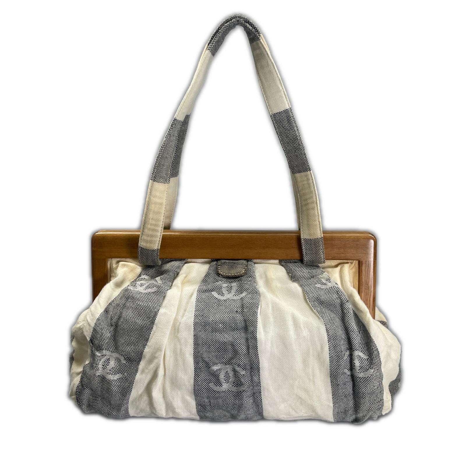 CHANEL シャネル がま口 ハンドバッグ コットン グレー レディース【中古】【送料無料】