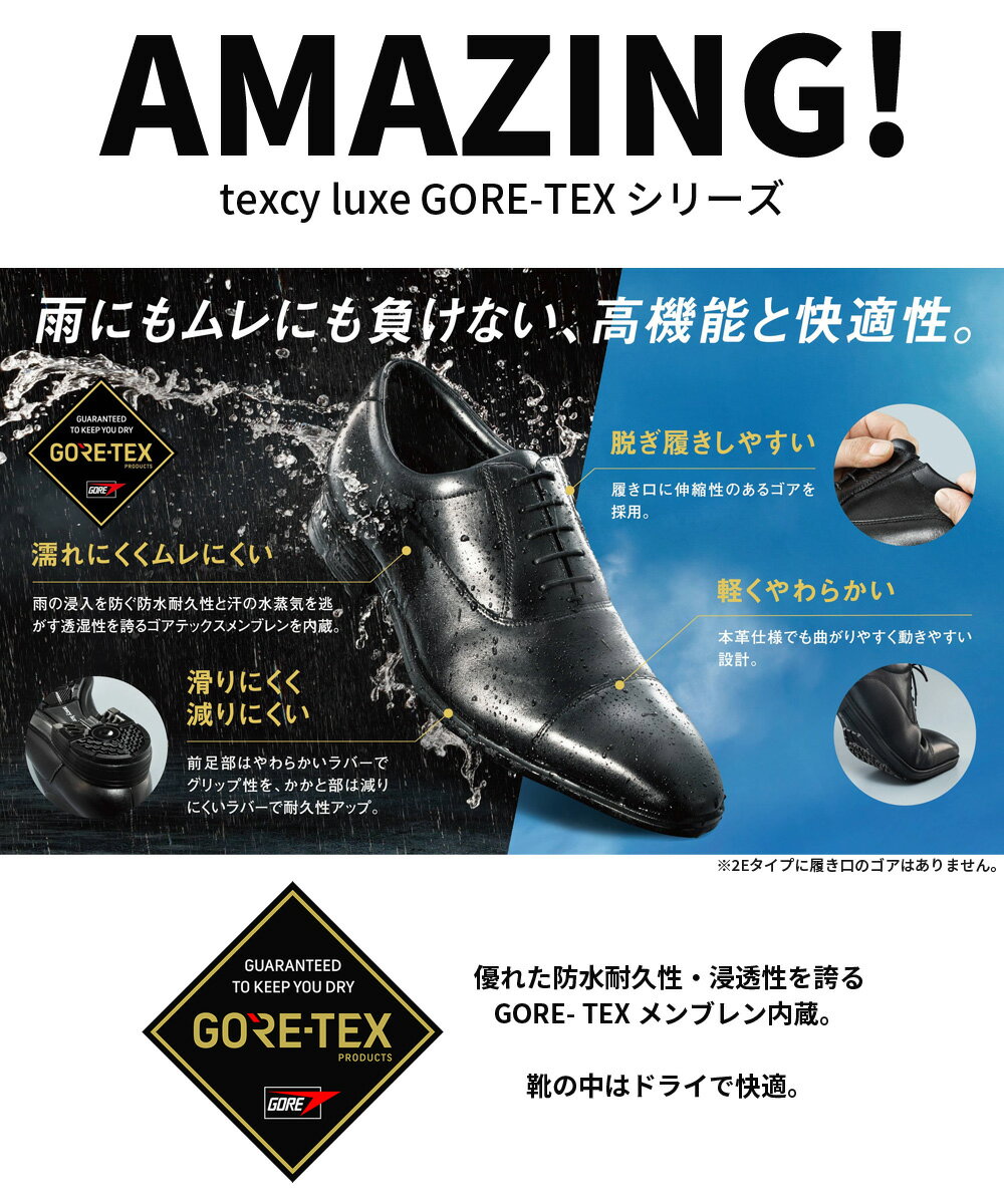 texcy luxe テクシーリュクス ビジネスシューズ メンズ GORE TEX 本革 ゴアテックス 防水 幅広 3E 4E アシックス 革靴ブラック ブラウン プレーントゥ ストレートチップ スワールモカ ダブルモンク asics