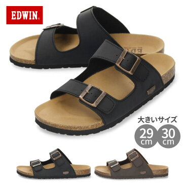 【最大1500円OFFクーポン配布中！6/21まで】 EDWIN エドウィン サンダル メンズ フットベッド ブラック ダークブラウン EW9121 2本ベルト シンプル 合皮 天然コルク 大きいサイズ 29cm 30cm