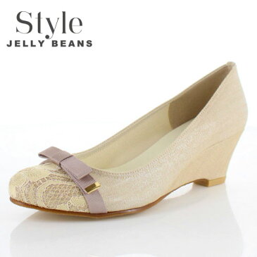 STYLE JELLY BEANS ジェリービーンズ 靴 3539 パンプス ラウンドトゥ 生地 レース ウェッジソール リボン ベージュ レディース セール