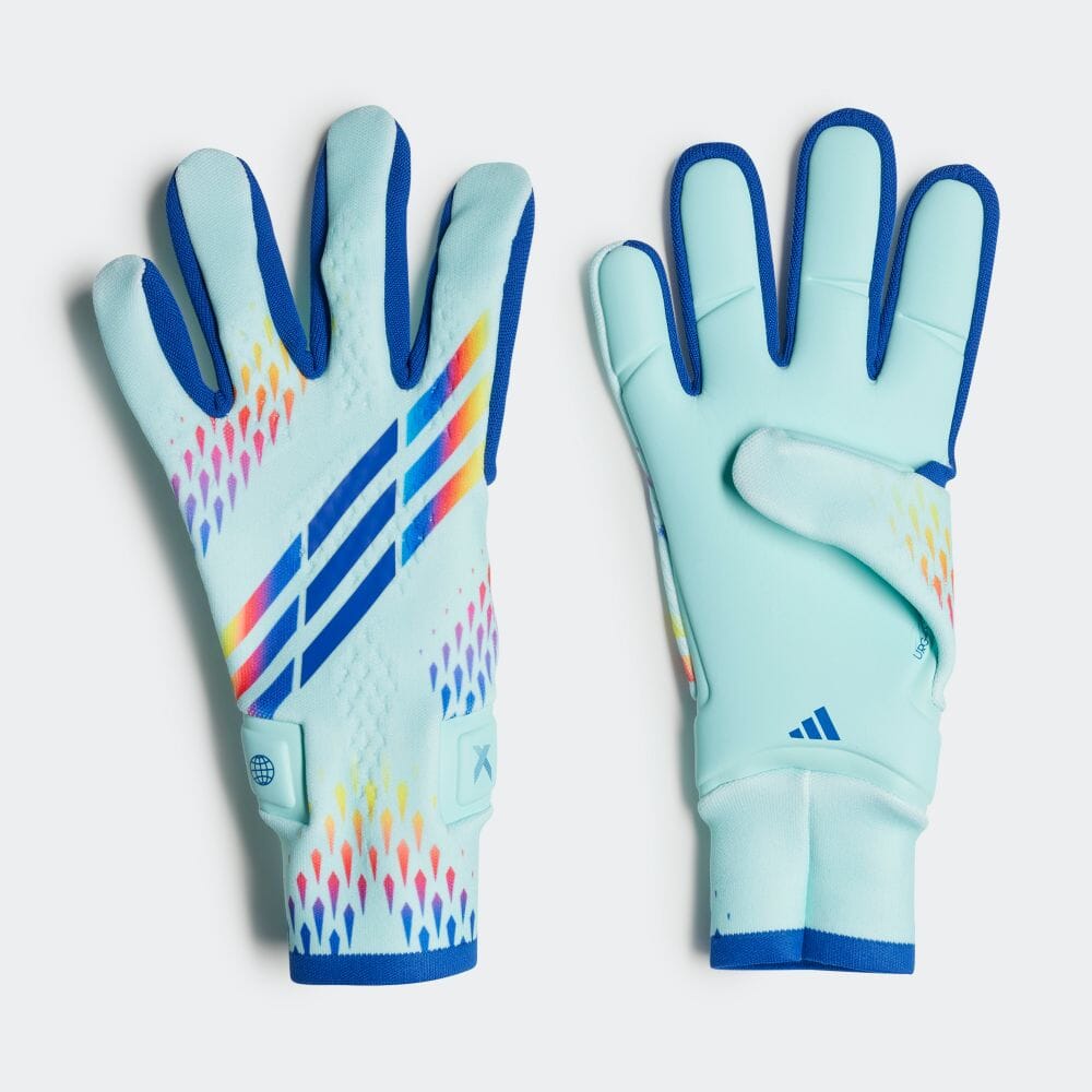 adidas X GL PRO 品目：サッカーゴールキーパーグローブ シーズン：2023年Q1モデル 品番：C2992 カラー：HH8746 クリアアクア/ソーラーイエロー/パワーブルー 生産国：ウクライナ リサイクル素材を一部使用した、ゴ...