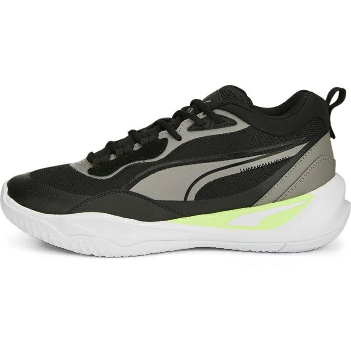 Puma Playmaker Pro 品目：メンズバスケットボールシューズ シーズン：2023年春夏モデル 品番：377572 カラー：16 プーマブラック/フィジーライト アッパー：合成繊維/人工皮革/合成樹脂（ポリウレタン） ミッドソール：合成樹脂（EVA樹脂） アウトソール：ゴム底 生産国：ベトナム ミッドソールにクッション性の高いプロフォーム搭載。足型は欧米向けのタイトでスリムなグローバルフィット採用。ウィズD相当。