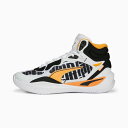 Puma Playmaker Pro Mid Block Party 品目：メンズバスケットボールシューズ シーズン：2023年春夏モデル 品番：378328 カラー：01 プーマホワイト/クレメンタイン アッパー：合成繊維/人工皮革/合成樹脂（ポリウレタン）/天然皮革 ミッドソール：合成樹脂（EVA樹脂） アウトソール：ゴム底 生産国：中国 ミッドソールにクッション性の高いプロフォーム搭載。足型は欧米向けのタイトでスリムなグローバルフィット採用。ウィズD相当。