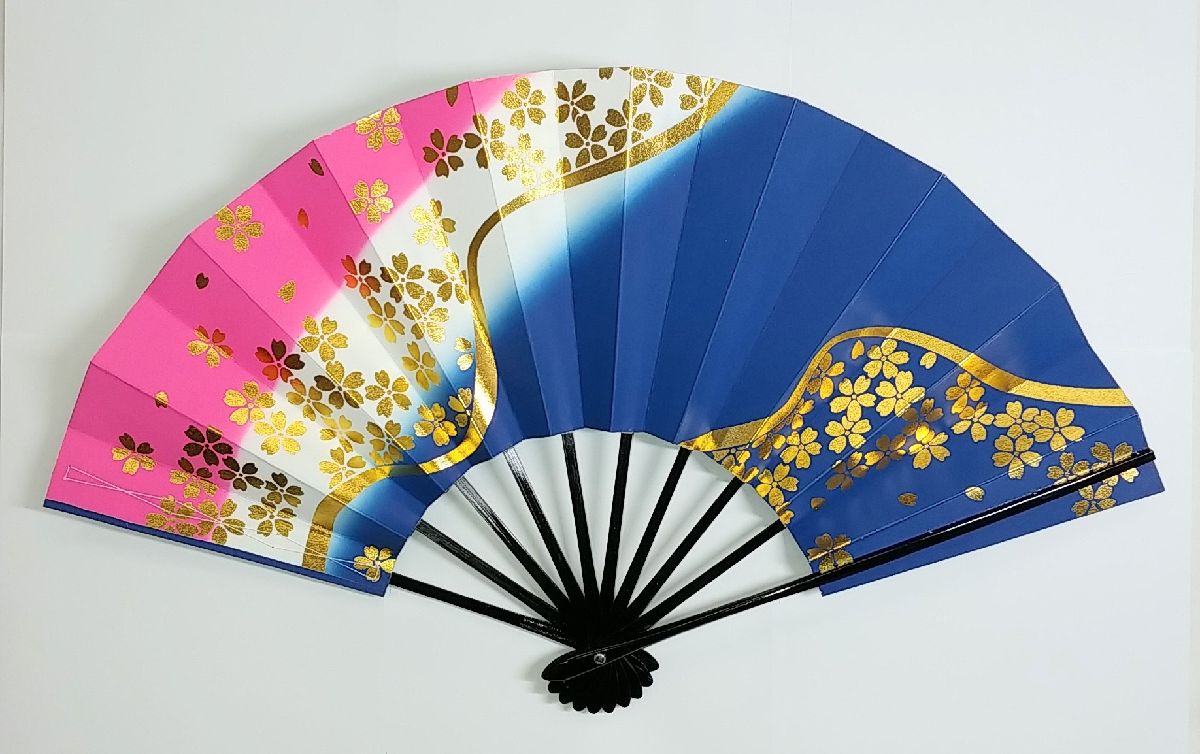 舞踊扇子 2122(椿)高級舞踊扇子 全長28.5cm 扇面 桃 藍色 金箔 金黒骨ネット限定 数量限定 お買得 安い 在庫限り