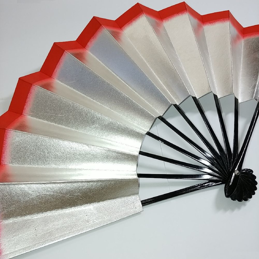 舞踊扇子　2009（両面銀天赤）高級舞踊扇子　全長28.5cm　扇面　両面銀　天赤　黒骨キラキラ　わっしょ..