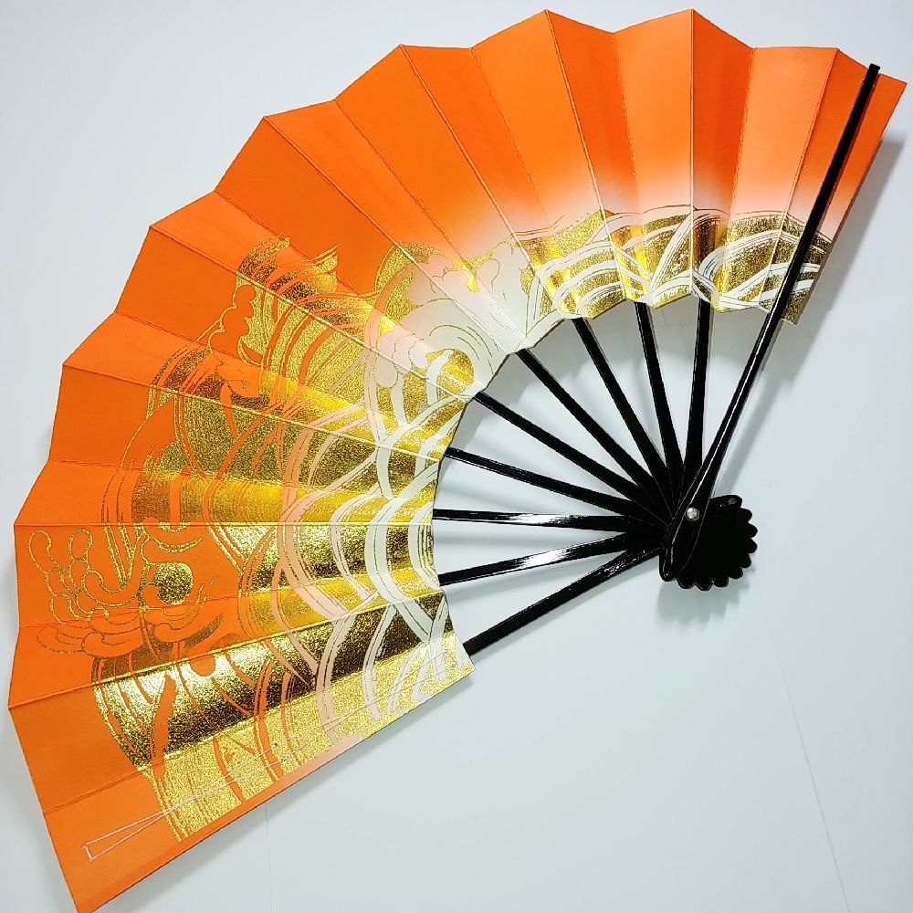 舞踊扇子　2182（花）高級舞踊扇子　全長28.5cm　扇面　オレンジ朱色　金　黒骨　波ネット限定　数量限..