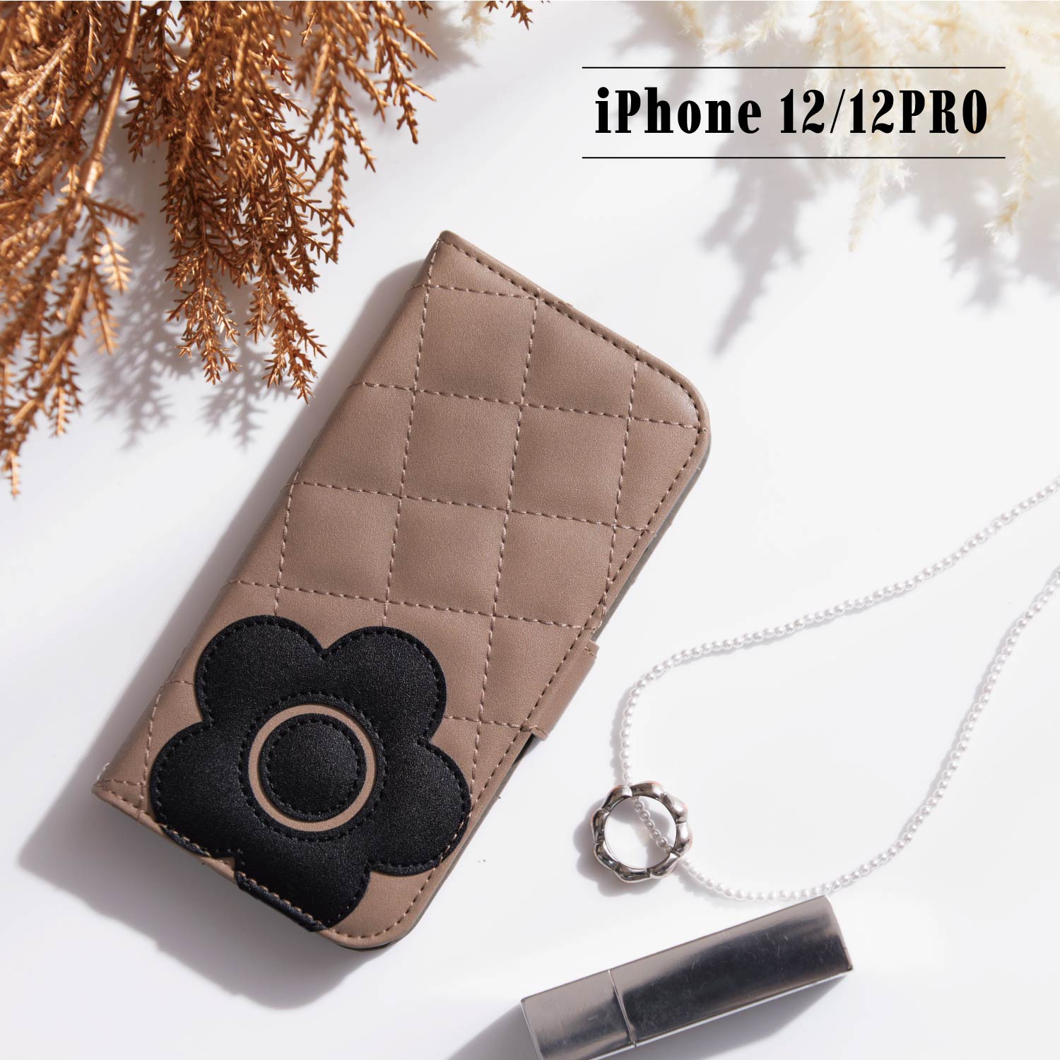 MARY QUANT PU QUILT LEATHER BOOK TYPE CASE マリークヮント iPhone12 12 Pro ケース スマホケース 携帯 手帳型 レディース マリクワ ブラック ベージュ 黒 IP12-MQ01