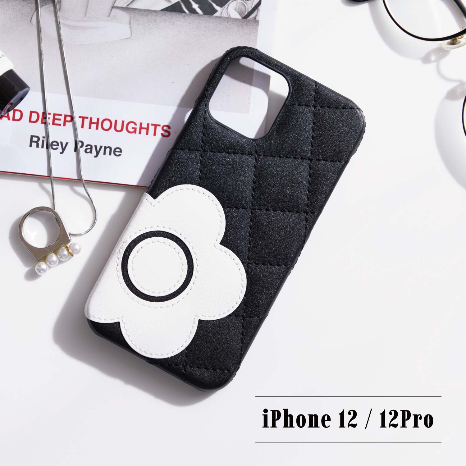  MARY QUANT マリークヮント iPhone12 12 Pro ケース スマホケース 携帯 PU QUILT LEATHER BACK CASE レディース マリクワ ブラック ベージュ 黒 IP12-MQ03