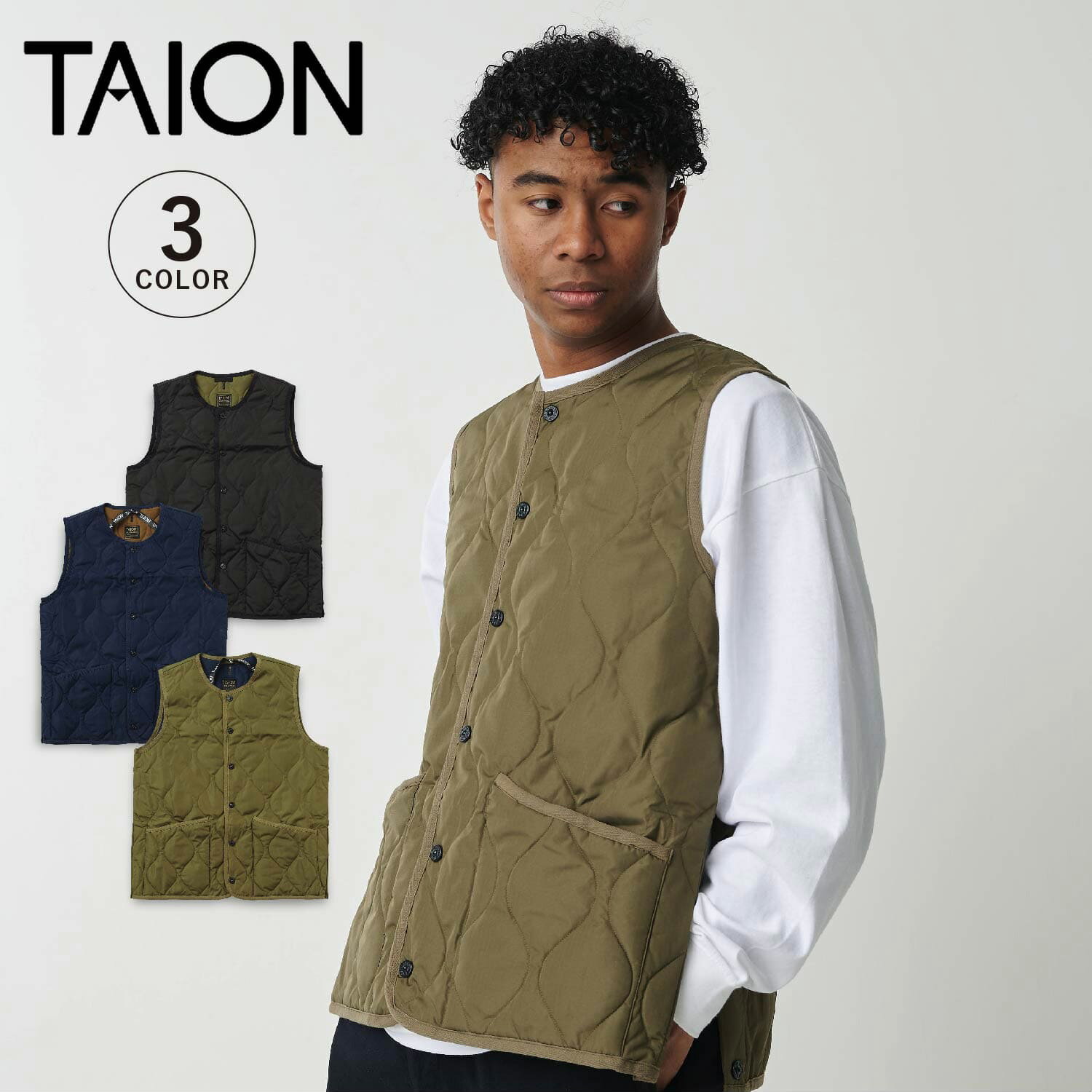 TAION MILITARY CREW NECK DOWN VEST タイオン インナーダウン ベスト アウター メンズ レディース ミリタリー クルーネックボタン キルティング 防水 ブラック ダークネイビー ダークオリーブ 黒 004B2ML-1