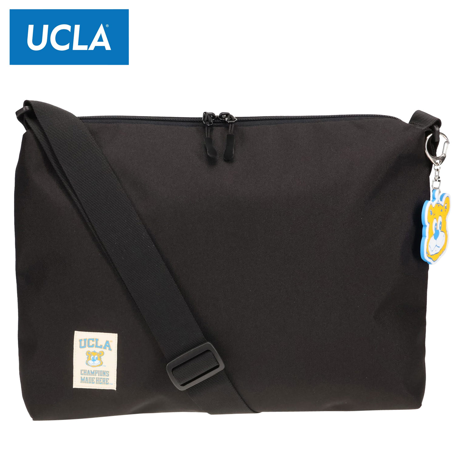 【最大1000円OFFクーポン発行中】 UCLA SACOCHE ユーシーエルエー ショルダーバッグ サコッシュ メンズ レディース くま クマ 斜めがけ 大人 軽量 ジョー ラバーチャーム付き スクエア ブラック 黒 440-114