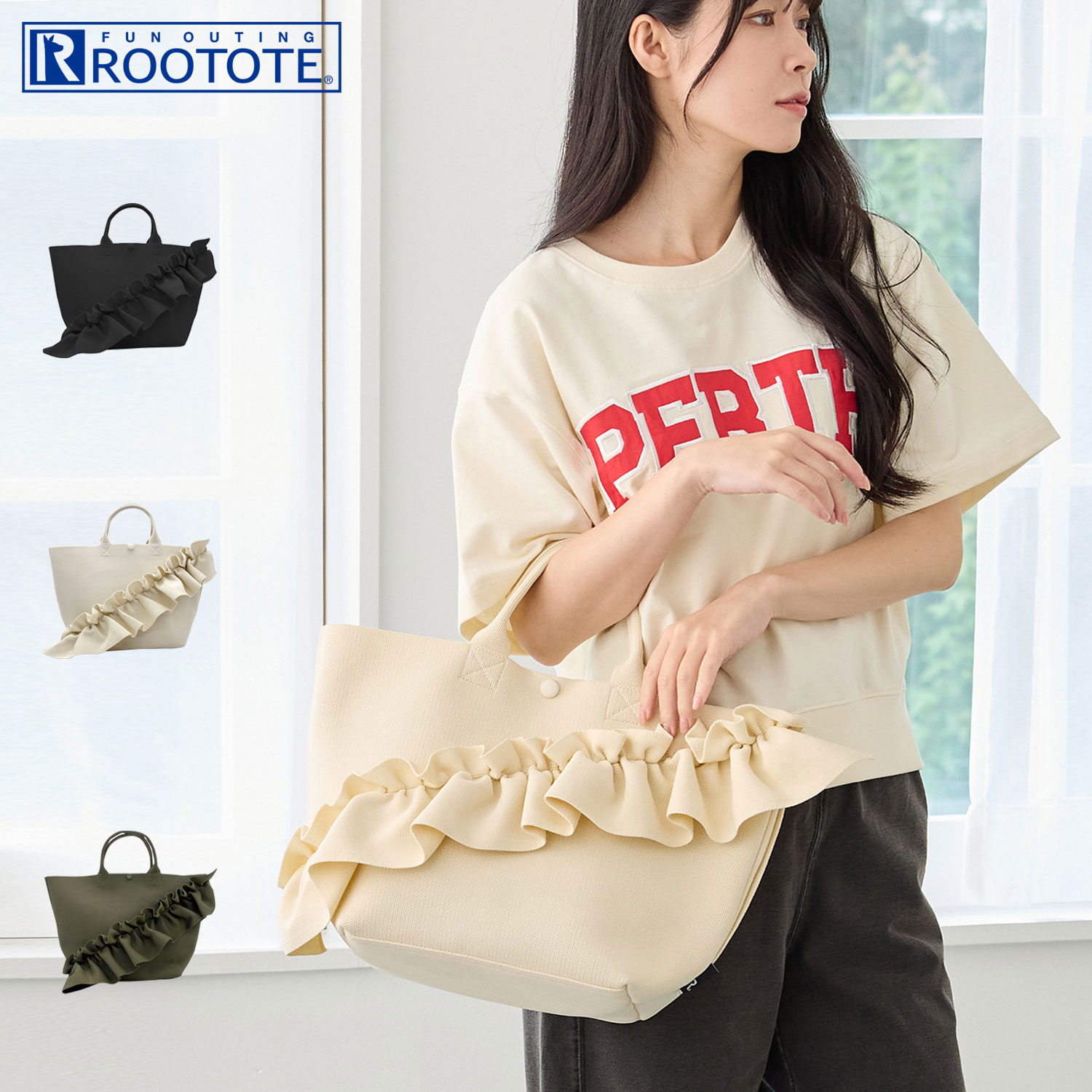 乐天商城 - 【最大1000円OFFクーポン】 ROOTOTE ルートート トートバッグ バッグ EU.デリ.ルフルラッフル-A レディース 軽量 ブラック ホワイト カーキ 黒 白 3538 母の日