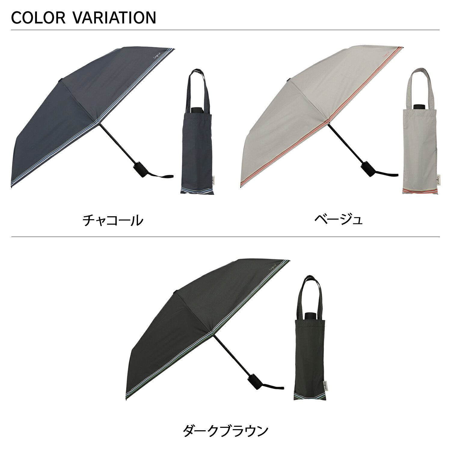Ungrid アングリッド 日傘 雨傘 折りたたみ傘 晴雨兼用 裾ボーダープリント レディース 遮光 遮熱 軽量 UVカット 自動開閉 チャコール ベージュ ダークブラウン 1UN 27302 wassup-10241485 Goods Lab+ サンプル画像2