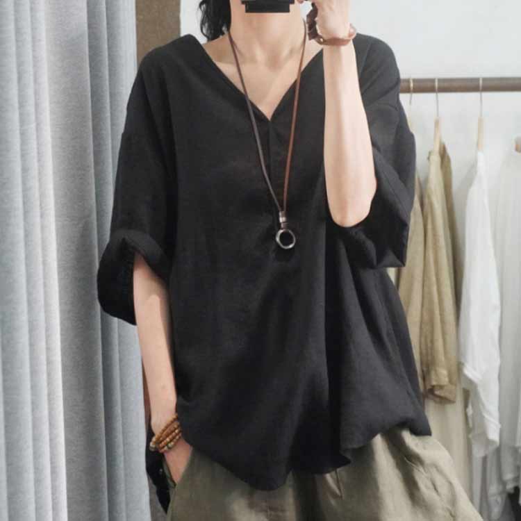 プルオーバー Tシャツ ブラウス 綿麻 Vネック リネン混 麻混 シャツ レディース 5...