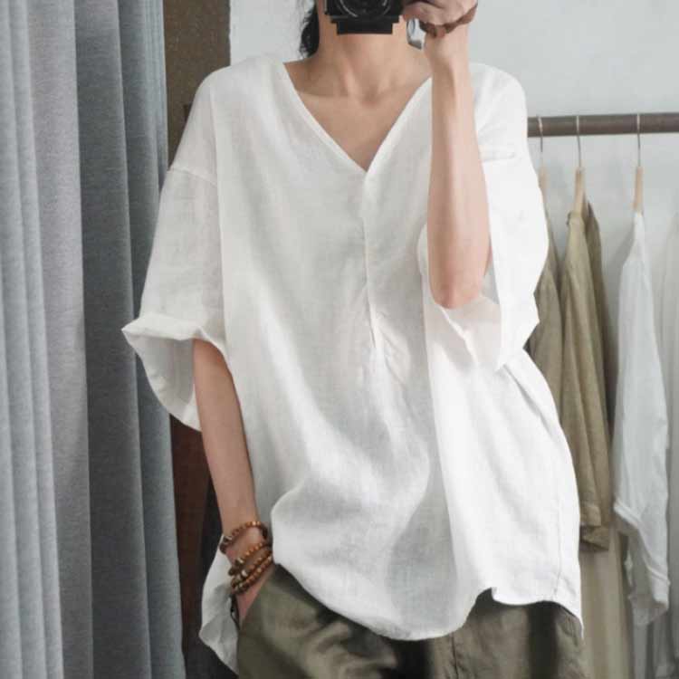 プルオーバー Tシャツ ブラウス 綿麻 Vネック リネン混 麻混 シャツ レディース 5...