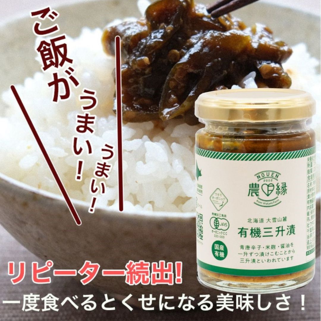 【SALE 20%OFF】 有機三升漬 140g 賞味期限2024年5月18日 ワタミ オーガニック 国産 郷土料理 三升漬 ピリ辛 化学調味料無添加 ワタミファーム 農縁 青唐辛子 米麹 醤油 ご飯がすすむ 有機米 北海道 当麻町 青なんばん