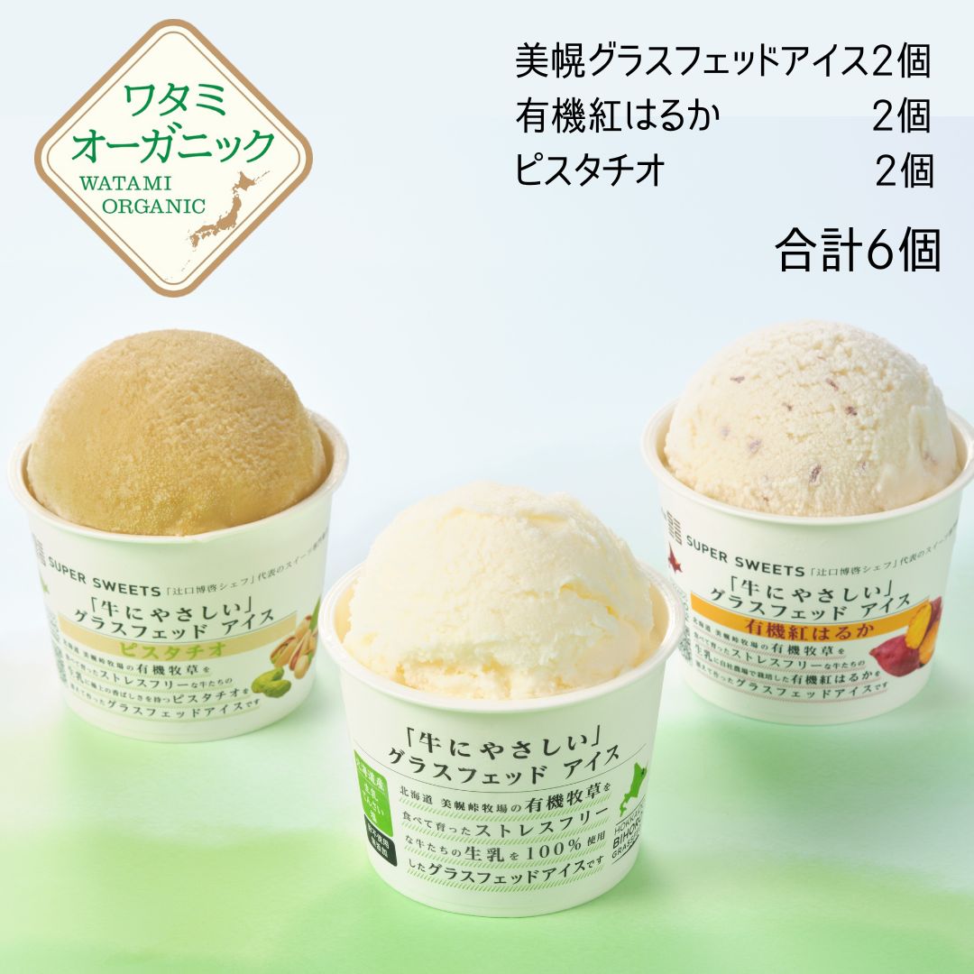 お買い物マラソン【ポイント10倍】 美幌グラスフェッドアイス 3種ミックス 3種2個ずつ 6個入 送料込 アイスクリーム ミルクアイス さつまいもアイス ピスタチオアイス ワタミ グラスフェッド 110ml×6個 北海道美幌峠 グラスフェッドミルク 卵不使用のサムネイル