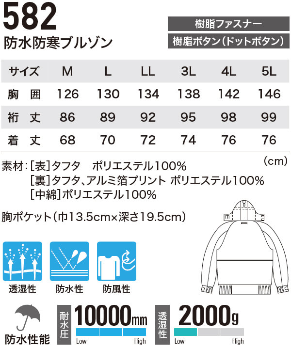 作業服 上下セット 防水防寒ブルゾン 582 M-LL ＆ 防水防寒パンツ 580 M-LL 防寒 ジーベック XEBEC 裏アルミ 作業着 メンズ 3