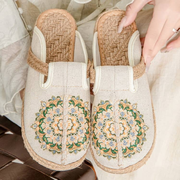 サボサンダル レディース エスニック 刺繍 クロッグサンダル リネン スリッパ　ぺ...