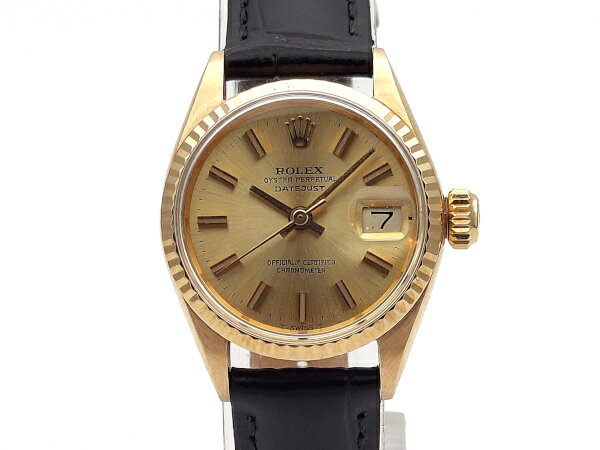 【USED】 ロレックス - ROLEX - オイスターパーペチュアル　デイトジャスト Ref.6517　ヴィンテージ　18KYGケース/革 シャンパンゴールド文字盤　自動巻き　レディース　　腕時計【中古】