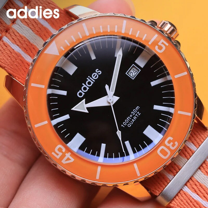 腕時計 メンズ 防水 クォーツ 日付 ミヨタ製ムーブメント 44mm ナイロンベルト ADDIESDIVE MY-2306 文字盤 オレンジ グリーン ブラック おしゃれ かっこいい 見やすい ビジネス 防水 男性 実用的 シンプル ギフト プレゼント