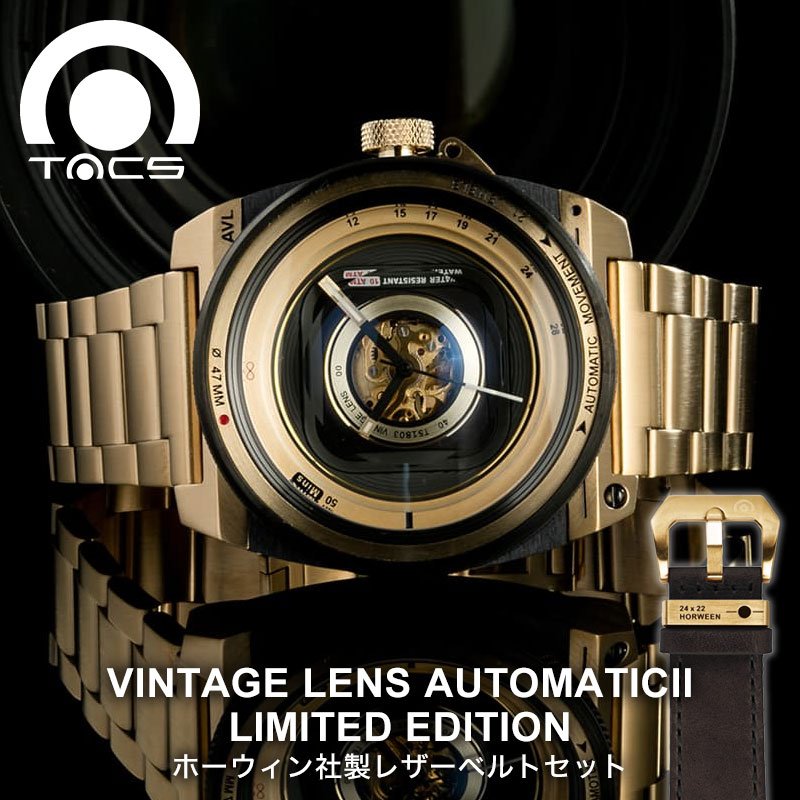 タックス 腕時計 ビンテージ レンズ オートマチック2 替えベルト付き 限定モデル TACS 時計 VINTAGE LENS AUTOMATICII メンズ ブラック ゴールド TS1803JP 人気 ブランド 機械式 自動巻き 個性的 おしゃれ カメラ レトロ おすすめ 日本製 誕生日 記念日 観光 遠足 旅行