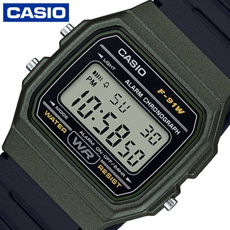 カシオ[CASIO]1974年、機械式からクオーツ式へと切り替わる技術変革期に時計事業へ進出。1983年、カシオ計算機より「壊れない腕時計」としてG-SHOCK誕生。外殻から独立した内部機構とポリウレタン製の衝撃吸収材等によりアイスホッケーのパック代わりにしても壊れないほどの頑丈さを誇る。1984年 データバンクを発売多機能、高気圧防水、他に気圧計や水深測定器、電波時計、太陽電池等様々な先端技術を盛り込んだ製品が多数発表。腕時計の更なる可能性を追求し続け世界中で愛されるトップメーカーである。型番F-91WM-3AJHケース材質：樹脂サイズ約：縦38.2×横35.2mm×厚：8.5mm重：21gベルト材質：樹脂カラー：ブラックムーブメントクォーツ　電池式機能CASIO純正BOX_保証書_取扱説明書日常生活用防水ストップウオッチ（1/100秒、60分計、スプリット付き）時刻アラーム・時報LEDライト（グリーン色）オートカレンダー12/24時間制表示切替防水機能防水性：日常生活用防水付属品CASIO純正BOX保証書取扱説明書※説明書・保証書に関して入荷時期により仕様、内容が一部異なる場合がございます。予めご了承をお願い致します。また、ブランドにより説明書兼保証書が付属する場合がございます。予めご了承をお願い致します。この商品のお問い合わせ番号WLR-item-67276メーカー希望小売価格はメーカーサイトに基づいて掲載していますカシオ[CASIO]1974年、機械式からクオーツ式へと切り替わる技術変革期に時計事業へ進出。1983年、カシオ計算機より「壊れない腕時計」としてG-SHOCK誕生。外殻から独立した内部機構とポリウレタン製の衝撃吸収材等によりアイスホッケーのパック代わりにしても壊れないほどの頑丈さを誇る。1984年 データバンクを発売多機能、高気圧防水、他に気圧計や水深測定器、電波時計、太陽電池等様々な先端技術を盛り込んだ製品が多数発表。腕時計の更なる可能性を追求し続け世界中で愛されるトップメーカーである。 型番F-91WM-3AJHケース材質：樹脂サイズ約：縦38.2×横35.2mm×厚：8.5mm重：21gベルト材質：樹脂カラー：ブラックムーブメントクォーツ　電池式機能ストップウオッチ（1/100秒、60分計、スプリット付き）時刻アラーム・時報LEDライト（グリーン色）オートカレンダー12/24時間制表示切替防水機能防水性：日常生活用防水付属品CASIO純正BOX保証書取扱説明書※説明書・保証書に関して入荷時期により仕様、内容が一部異なる場合がございます。予めご了承をお願い致します。また、ブランドにより説明書兼保証書が付属する場合がございます。予めご了承をお願い致します。