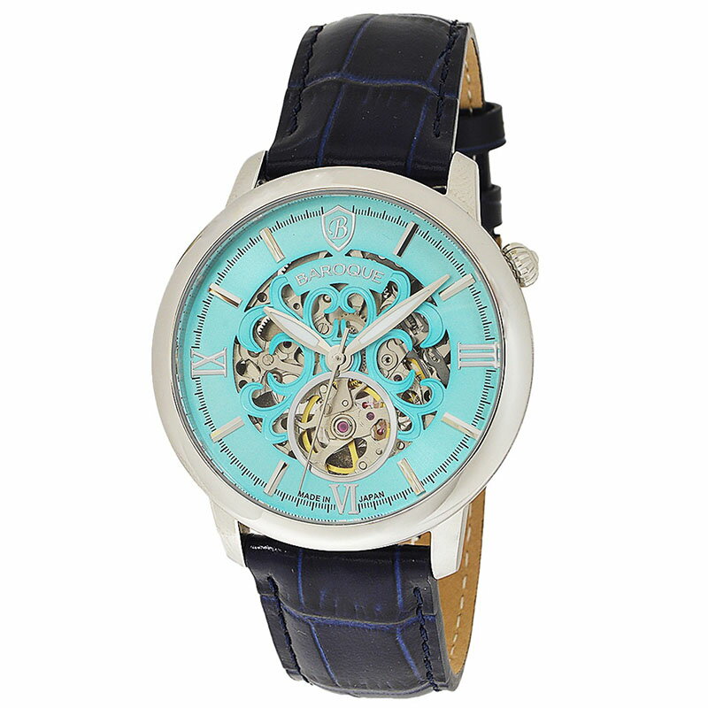 【ポイント10倍UP中！】バロック 腕時計 BAROQUE 時計 バロック BAROQUE ターコイズブルー 男性 向け メンズ 機械式 自動巻き BA2007S-08NV 人気 おすすめ おしゃれ かっこいい 牛革 革ベルト 高級感 シンプル ビジネス スーツスタイル ファッション ブランド プレゼント