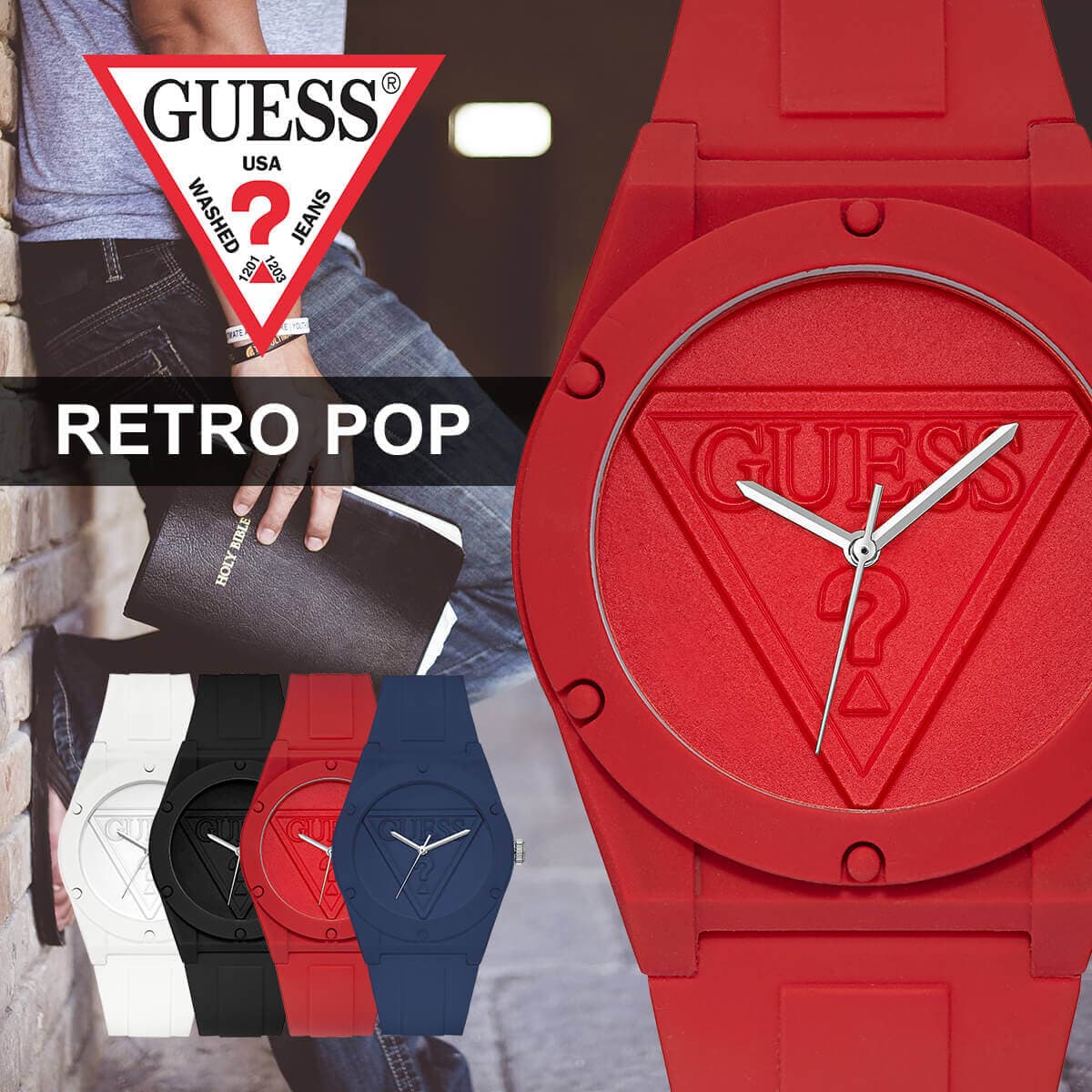 ゲス ゲス 腕時計 GUESS 時計 レトロポップ RETRO POP ユニセックス メンズ レディース 正規品 人気 ストリート 個性的 シンプル スポーツ 防水 ファッション スポーツ ？マーク ホワイト オールホワイト シリコン ペアウォッチ 新社会人 母の日 観光 遠足 旅行