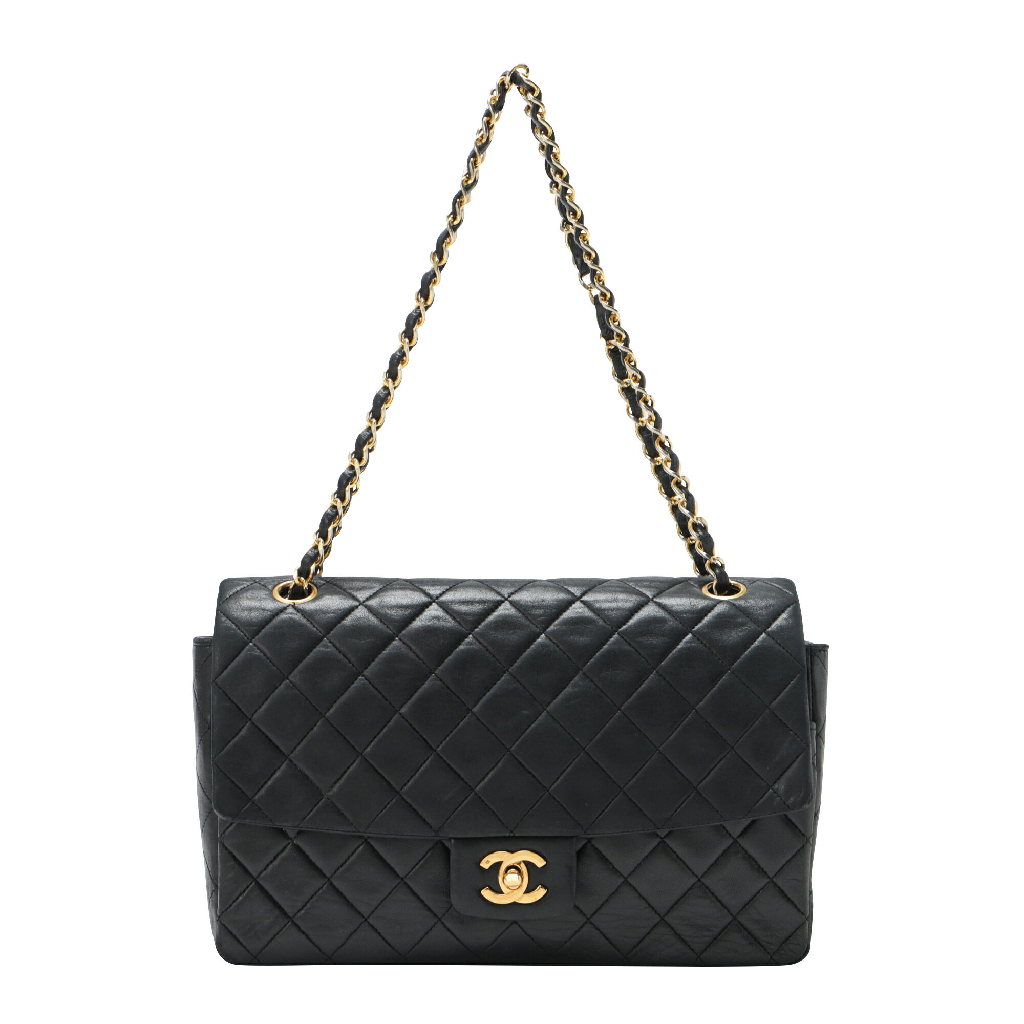 CHANEL シャネル マトラッセ 良品 シングルフラップ Wチェーン ショルダーバッグ ラムスキン レザー ブラック 黒 ゴールド金具 1番台シリアル ヴィンテージ ココマーク ターンロック 2WAY レディース 金 MATELASSE vintage シャネル chanel 香奈儿 Bランク 鑑定済 中古のサムネイル