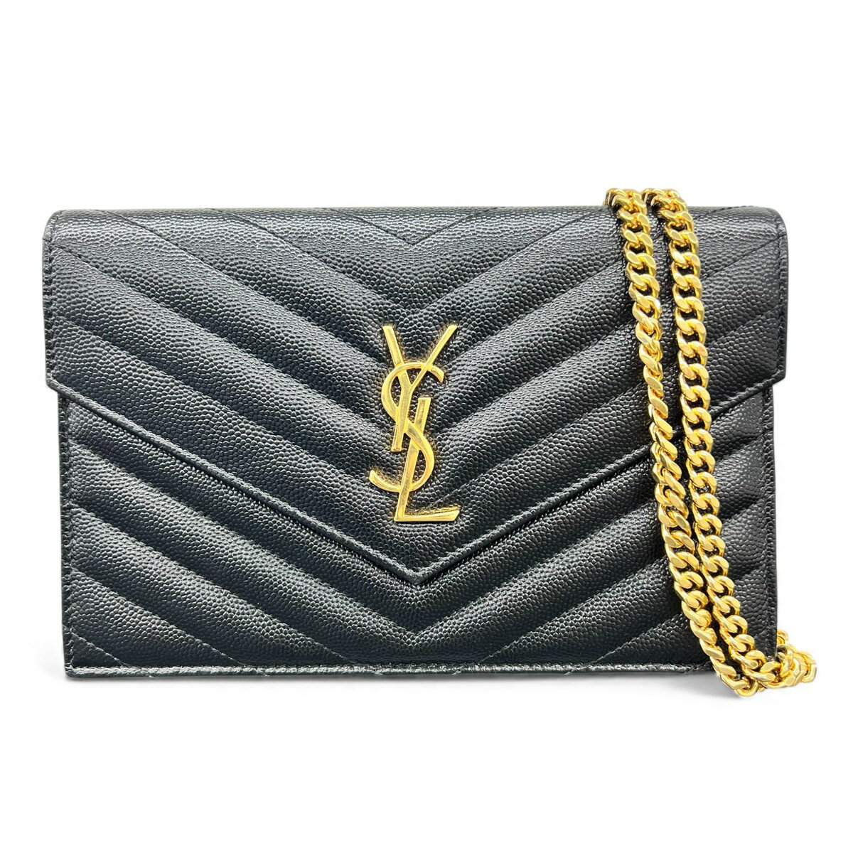 極美品 SAINT LAURENT サンローラン カサンドラ チェーンウォレット ショルダーバッグ モノグラム エンベロープ 393953 レザー ブラック ゴールド クラッチバッグ ショルダーウォレット イヴサンローラン YSL Aランク 中古 鑑定済