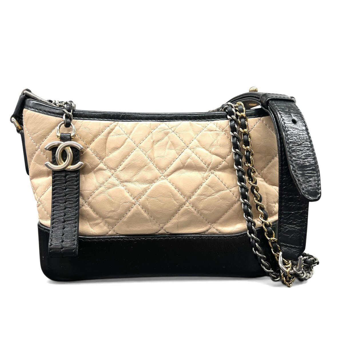 樂天商城 - CHANEL 美品 シャネル ガブリエル ドゥ シャネル スモール ホーボー Wチェーンショルダーバッグ A91810 エイジドカーフスキン レザー 26番台シリアル ベージュ ブラック マトラッセ ココマーク ABランク 中古 鑑定済 シャネルバッグ
