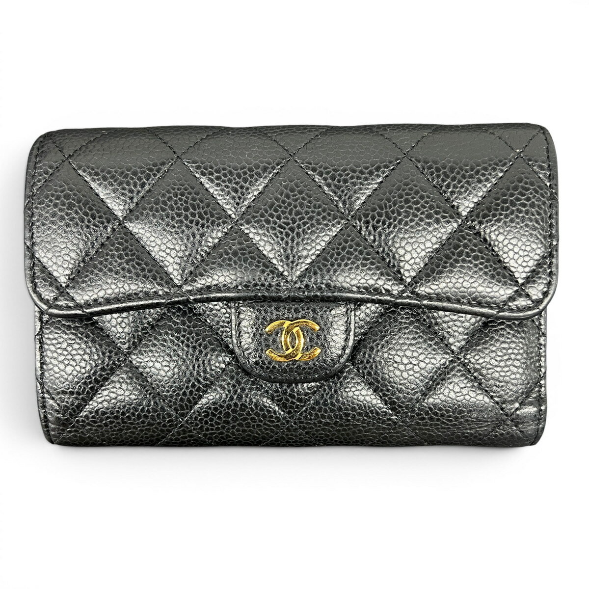 【楽天スーパーSALE】CHANEL 極美品 シャネル マトラッセ クラシック ミディアム フラップウォレット 三つ折り財布 AP0232 キャビアスキン 新型シリアルシール ブラック レザー ゴールド金具 Aランク 中古 鑑定済 シャネル財布