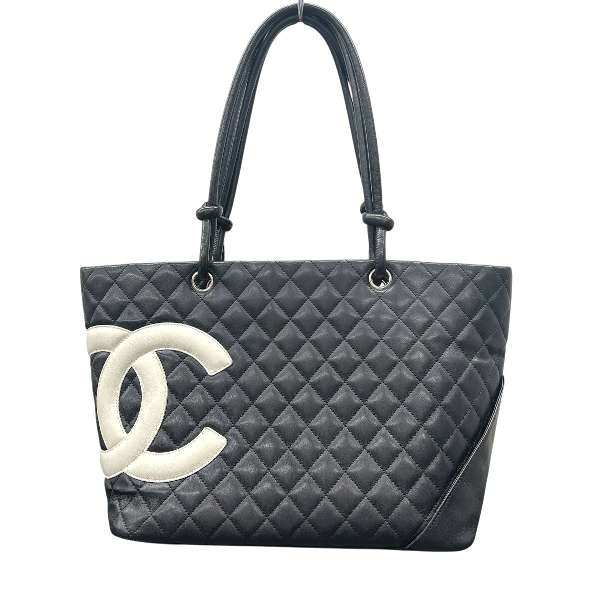 【楽天スーパーSALE】CHANEL シャネル カンボンライン ラージ トートバッグ A25169 レザー 9番台シリアル ブラック ホワイト ショッピングバッグ ハンドバッグ シルバー金具 ココマーク Bランク 鑑定済 中古 シャネルバッグ