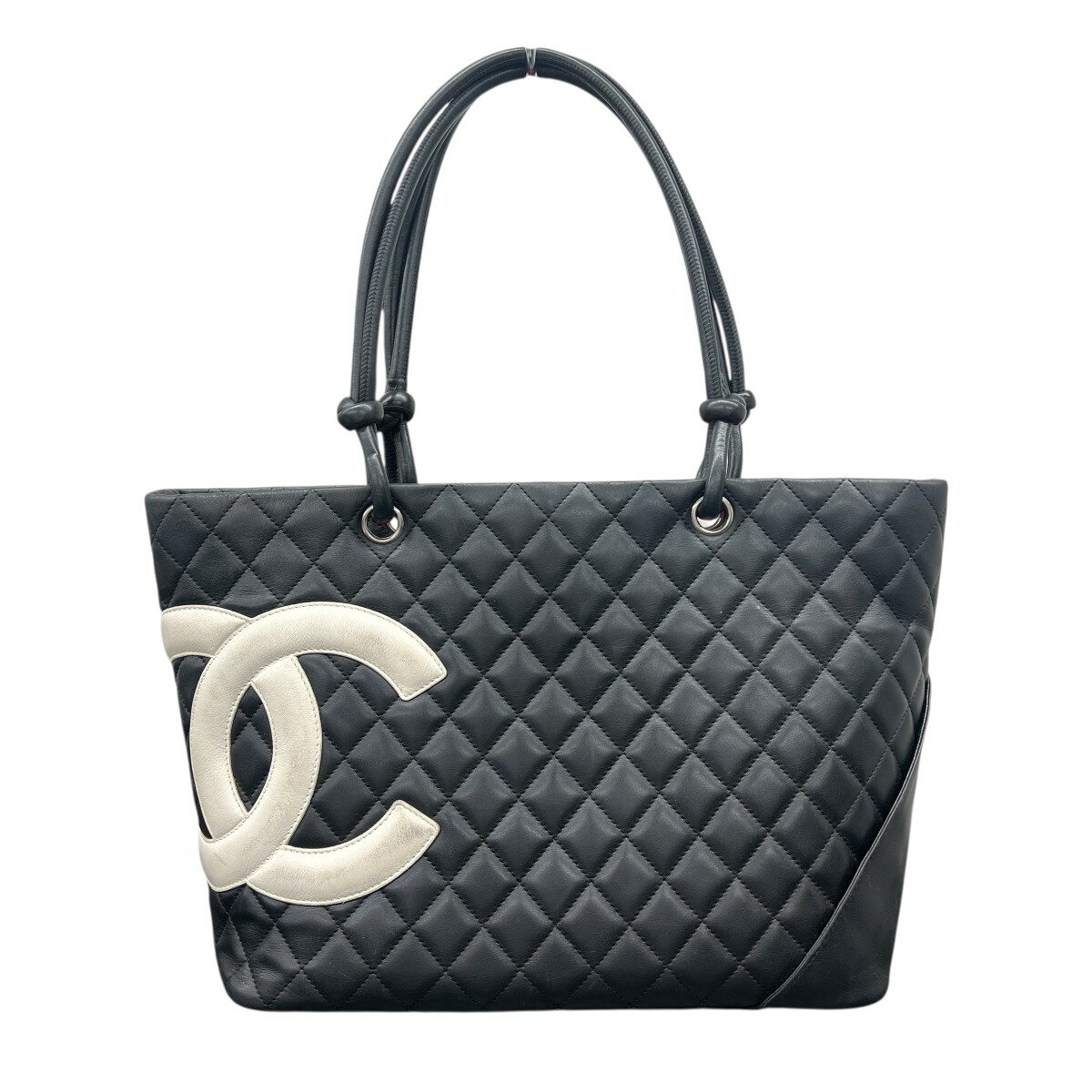 【楽天スーパーSALE】CHANEL シャネル カンボンライン ラージ トートバッグ A25169 レザー 9番台シリアル ブラック ホワイト 保存袋付属 ショッピングバッグ ハンドバッグ シルバー金具 ココマーク Bランク 鑑定済 中古 シャネルバッグ