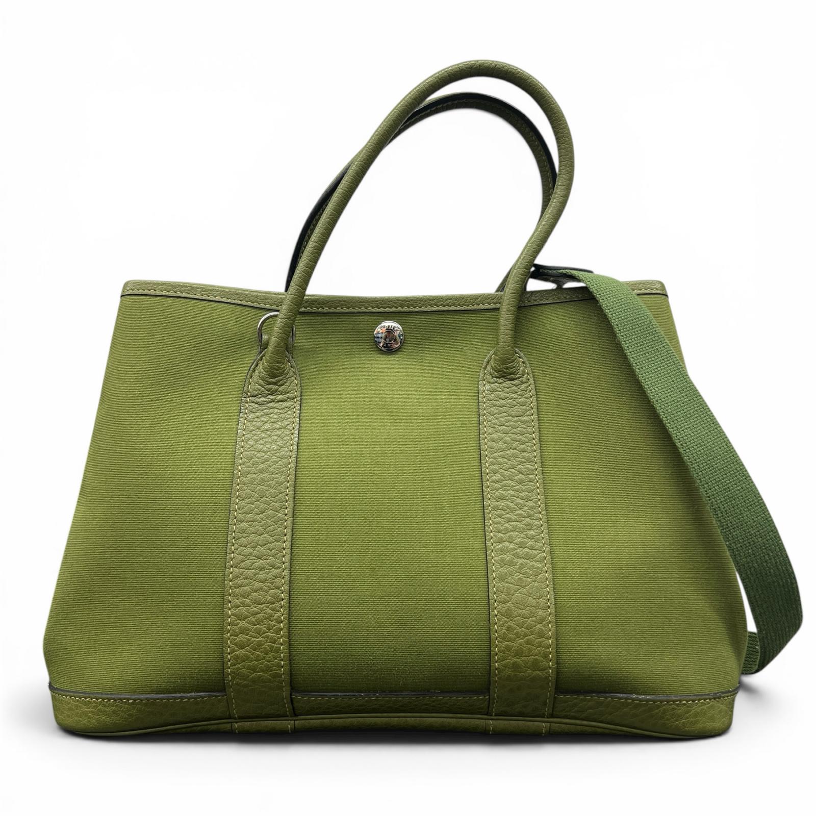 樂天商城 - HERMES 美品 エルメス ガーデンパーティTPM 2way トートバッグ ショルダーバッグ トワルオフィシエ キャンバス レザー グリーン ハンドバッグ ABランク 中古 鑑定済 エルメスバッグ