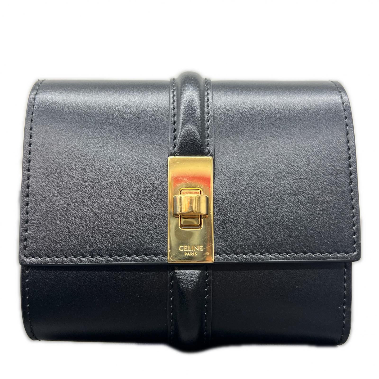 Rakuten - CELINE 極美品 セリーヌ 16 セーズ スモール トリフォールドウォレット 三つ折り財布 10F523 レザー ブラック ゴールド コンパクトウォレット ミニ財布 Aランク 中古 鑑定済 セリーヌ財布