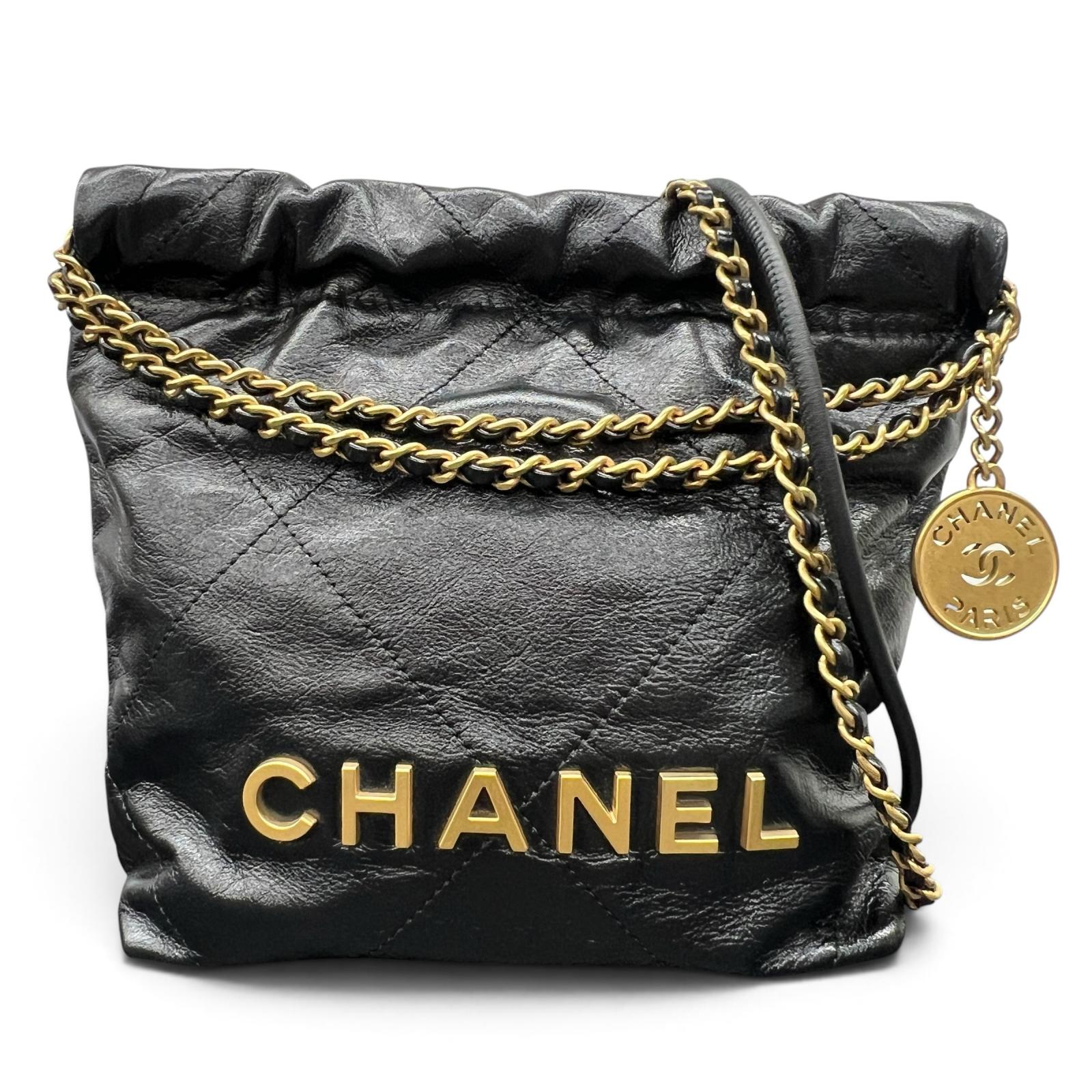 【楽天スーパーSALE】CHANEL 展示品級美品 シャネル22 2way ミニハンドバッグ チェーンショルダーバッグ AS3980 カーフスキン レザー シリアルプレート ブラック ゴールド金具 ホーボーバッグ ポシェット 巾着 ココマーク SAランク 鑑定済 中古 シャネルバッグ