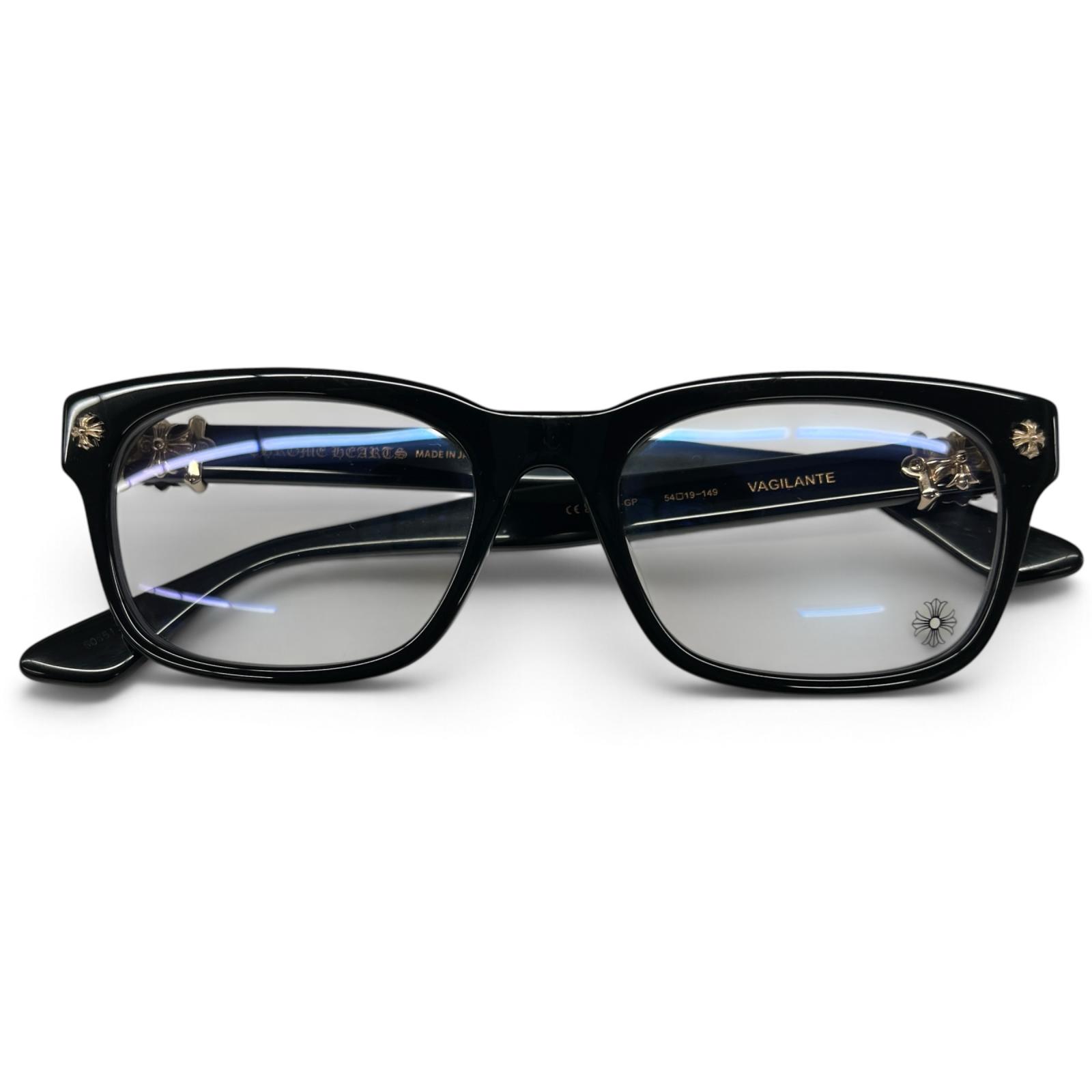 CHROME HEARTS 美品 クロムハーツ VAGILANTE ヴァジランテ クロス サングラス メガネ 54□19-149 プラスチック GP ブラック 純正レンズ 度無し クリア 眼鏡 ABランク 中古 鑑定済 クロムサングラス