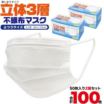マスク 100枚 50枚×2箱セット 立体3層不織布 ふつうサイズ 大人用 使い捨てマスク 使い捨てタイプ ウィルス対策 高密度フィルタ 柔らかいゴムひも プリーツタイプ ノーズワイヤー入り 使いすて 白色 乾燥 ウイルス 送料込み 花粉対策 mask 100枚入り 50枚入り