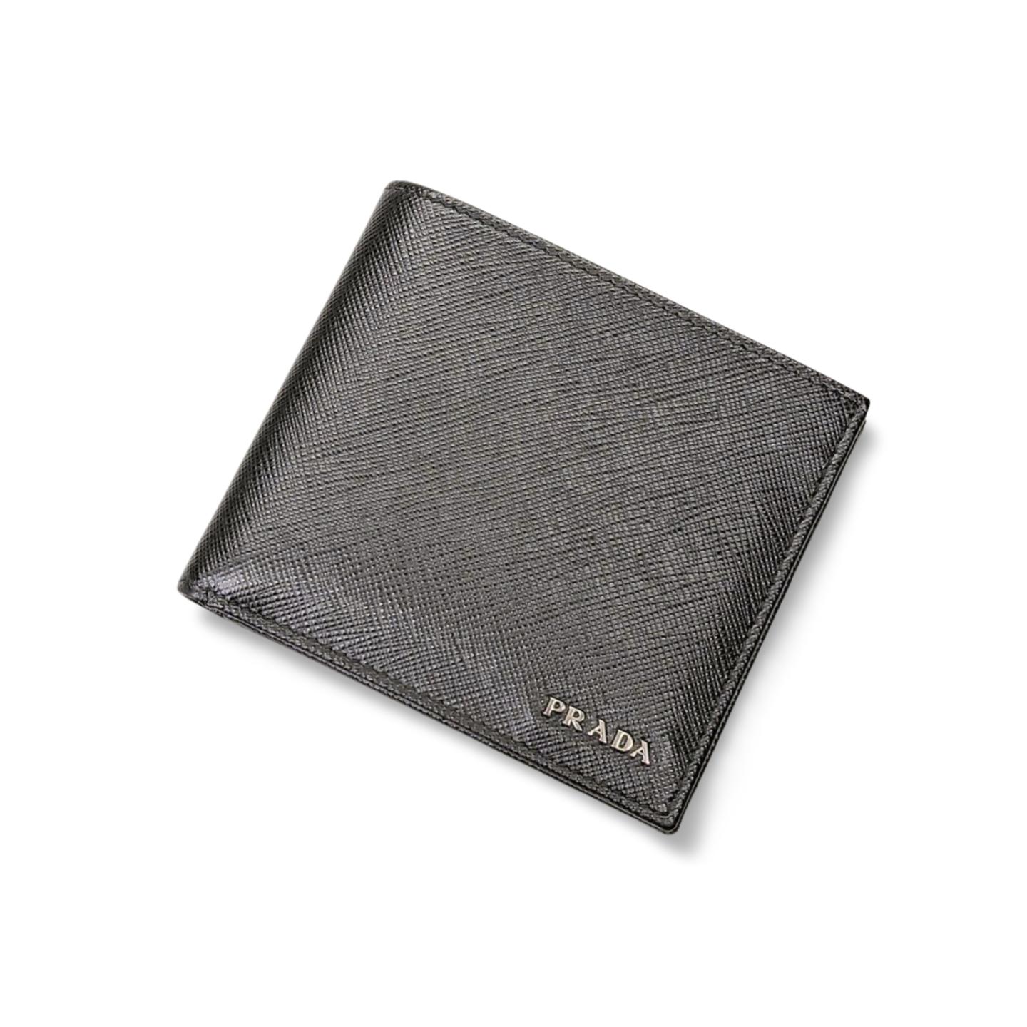 【中古】 PRADA プラダ メンズ財布 二つ折り財布　札入れ　カーフ　ブラック　グレー 221 EF