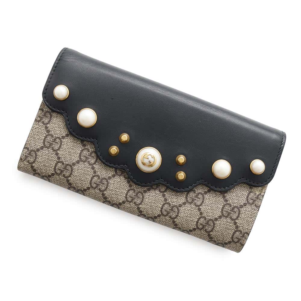 グッチ 長財布 GGスプリーム コンチネンタルウォレット PVC レザー 431474 GUCCI 財布 フェイクパール 黒 【安心保証】 【中古】 グッチ 長財布 GUCCI WALLET