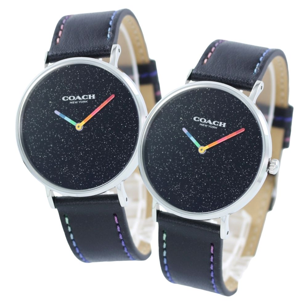 コーチ 腕時計 手表 ペアウォッチ ボーイズペア 同サイズ お揃い シンプル PERRY ペリー 虹色 2針 シンプル ブラック レザー 革ベルト 贈り物 ブランド腕時計 記念品 記念日 サプライズ 誕生日プレゼント