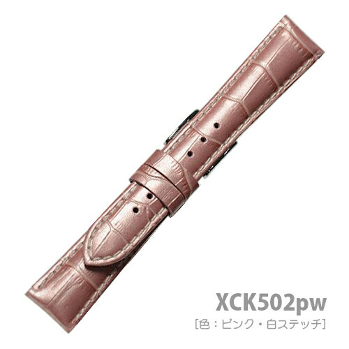 楽天時計ベルトと工具部品大阪松重商店XCK502pw ［新商品］【牛革型押し・パールカラー - 19mm・肉厚・白ステッチ】 - 色：ピンク・白ステッチ / サイズ：19-16mm - 厚さ：約5-3.5mm / 尾錠：銀色