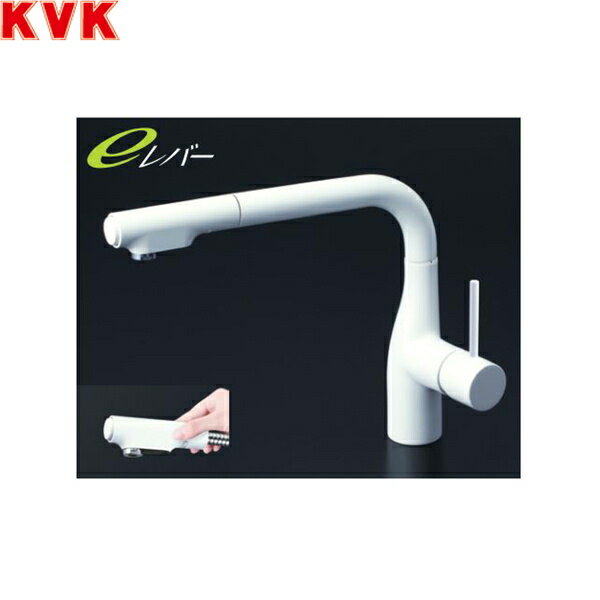 KVKシングルシャワー付混合栓 KM6101ECM4 吐水口長さ：277mm 取付穴径：φ35〜39mm 一般地仕様 eレバー水栓(レバー中央水吐水) シャワー引出し式 色：マットホワイト ブレードホース・クイックファスナー式 水受けトレー付 吐水口回転規制160°KVK KM6101ECM4