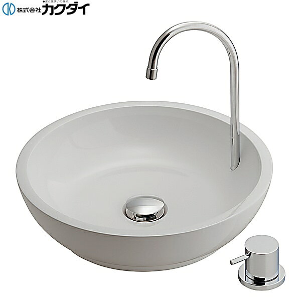 カクダイ [KAKUDAI] 239-013 吐水ユニットつき置型手洗器 ●器切込寸法φ90ミリ ●取付穴径吐水口10~13ミリ、バルブ部30~35ミリ ●取付厚5~35ミリ ●丸鉢金具・化粧キャップ・固定金具・定流量弁付き ●吐水量4L/分 材質: 器:ABSKAKUDAI 239 013