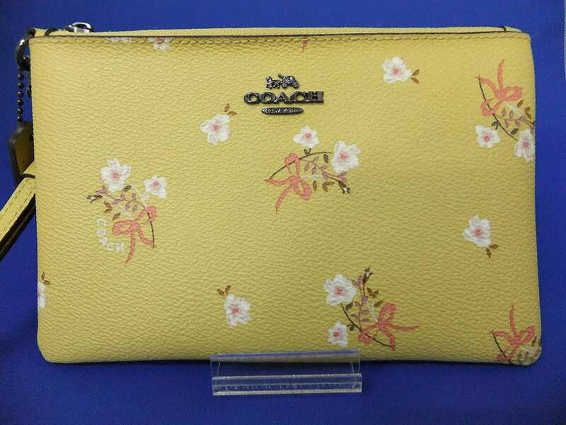 コーチ COACH フローラルプリント花柄リストレット ハンドル付ミニポーチ大人可愛いフラワーりぼん通勤通学 イエロー黄色 29550 【中古】