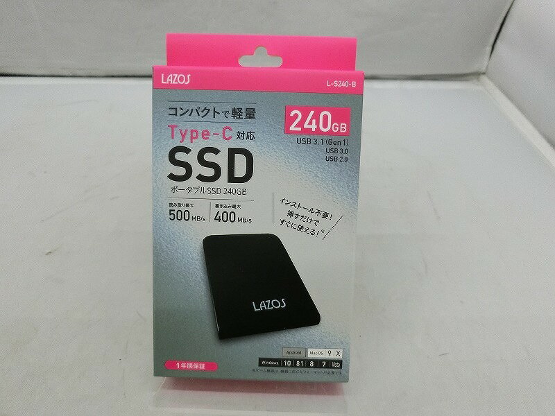 【ご注意】商品は店頭・他ネットショップでも販売しておりますので、ご注文をいただいても売り切れの場合がございます。ご了承ください。ブランド名リーダーメディアテクノ LAZOS商品名ポータブルSSD 240GB L-S240-B商品説明■容量：240GB ■インターフェース：USB3.1（Gen1）、USB 3.0、USB2.0 ■コネクタ形状：Type-C ■読み取り速度：500MB/s(使用環境により異なります。) ■書き込み速度：400MB/s(使用環境により異なります。) ※ゲーム機器にご使用の場合は、機器に応じたフォーマットが必要です。付属品USB3.1（USB3.0 , USB2.0 互換） Type-C toType-A ケーブル（長さ約22cm）※主な付属品を記載するようしております。中古品の特性上、全ての付属品の正確な記載が難しいため詳細は掲載の写真にてご確認ください。付属品は写真にて【全て】掲載しておりますコンディションレベルN（未使用品）コンディションの備考【全体】未使用品の状態ですが、買取商品の為、完全な新品ではございません。その為、多少の汚れなどが見られる場合がございます。付属品の記載がある商品の場合、付属品も同様です。(減額済)。配送方法宅配便商品番号hgd110477454在庫お問合せ先【ワットマンテック本郷台】　045-897-5157【ご注意】当社オンラインショップ以外で情報、商品写真、画像、文章等を無断で転用しているページは偽サイトであり当店とは一切関係がございませんのでご注意ください。接続先のURLをご確認ください。楽天市場URL：https://www.rakuten.co.jp/楽天市場商品ページ：https://item.rakuten.co.jp/●●●《リーダーメディアテクノ》LAZOSポータブルSSD 240GB L-S240-B t1070070865